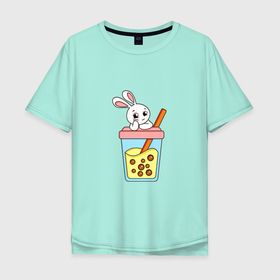 Мужская футболка хлопок Oversize с принтом Кролик с напитком в Екатеринбурге, 100% хлопок | свободный крой, круглый ворот, “спинка” длиннее передней части | 