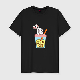 Мужская футболка хлопок Slim с принтом Кролик с напитком в Екатеринбурге, 92% хлопок, 8% лайкра | приталенный силуэт, круглый вырез ворота, длина до линии бедра, короткий рукав | 