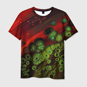 Мужская футболка 3D с принтом Абстрактные красный песок и зелёные камни в Санкт-Петербурге, 100% полиэфир | прямой крой, круглый вырез горловины, длина до линии бедер | 
