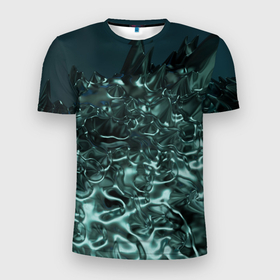 Мужская футболка 3D Slim с принтом Абстрактный голубой жидкий металл в Кировске, 100% полиэстер с улучшенными характеристиками | приталенный силуэт, круглая горловина, широкие плечи, сужается к линии бедра | Тематика изображения на принте: 