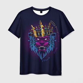 Мужская футболка 3D с принтом Король лев im a king в неоне в Санкт-Петербурге, 100% полиэфир | прямой крой, круглый вырез горловины, длина до линии бедер | 