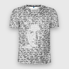 Мужская футболка 3D Slim с принтом Джон Леннон, портрет и слова песни в Новосибирске, 100% полиэстер с улучшенными характеристиками | приталенный силуэт, круглая горловина, широкие плечи, сужается к линии бедра | 