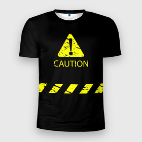 Мужская футболка 3D Slim с принтом CAUTION   Осторожно опасность в Белгороде, 100% полиэстер с улучшенными характеристиками | приталенный силуэт, круглая горловина, широкие плечи, сужается к линии бедра | 