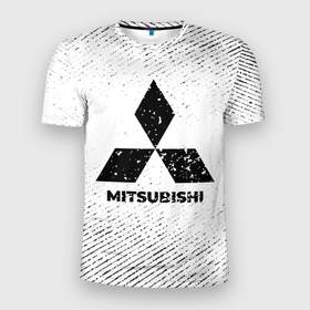 Мужская футболка 3D Slim с принтом Mitsubishi с потертостями на светлом фоне в городе Новоалтайск, 100% полиэстер с улучшенными характеристиками | приталенный силуэт, круглая горловина, широкие плечи, сужается к линии бедра | 