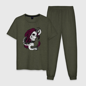 Мужская пижама хлопок с принтом Santa muerte snake art в Санкт-Петербурге, 100% хлопок | брюки и футболка прямого кроя, без карманов, на брюках мягкая резинка на поясе и по низу штанин
 | 