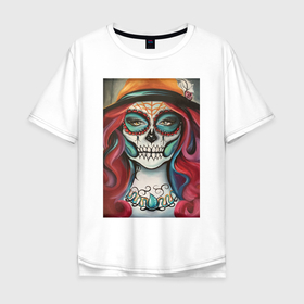 Мужская футболка хлопок Oversize с принтом Santa muerte картина в цвете в Тюмени, 100% хлопок | свободный крой, круглый ворот, “спинка” длиннее передней части | Тематика изображения на принте: 