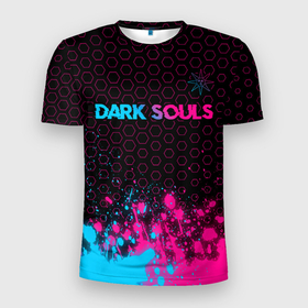 Мужская футболка 3D Slim с принтом Dark Souls   neon gradient: символ сверху в Санкт-Петербурге, 100% полиэстер с улучшенными характеристиками | приталенный силуэт, круглая горловина, широкие плечи, сужается к линии бедра | Тематика изображения на принте: 