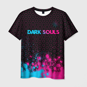 Мужская футболка 3D с принтом Dark Souls   neon gradient: символ сверху в Санкт-Петербурге, 100% полиэфир | прямой крой, круглый вырез горловины, длина до линии бедер | Тематика изображения на принте: 