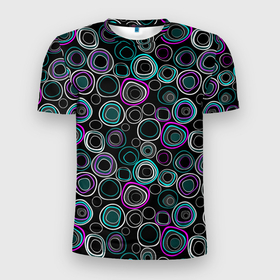 Мужская футболка 3D Slim с принтом Узор ретро круги и кольца на черном фоне в Петрозаводске, 100% полиэстер с улучшенными характеристиками | приталенный силуэт, круглая горловина, широкие плечи, сужается к линии бедра | 