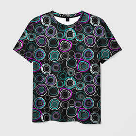 Мужская футболка 3D с принтом Узор ретро круги и кольца на черном фоне в Санкт-Петербурге, 100% полиэфир | прямой крой, круглый вырез горловины, длина до линии бедер | 