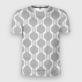 Мужская футболка 3D Slim с принтом Бело  серый дамасский восточный узор в Кировске, 100% полиэстер с улучшенными характеристиками | приталенный силуэт, круглая горловина, широкие плечи, сужается к линии бедра | 