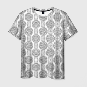 Мужская футболка 3D с принтом Бело  серый дамасский восточный узор в Кировске, 100% полиэфир | прямой крой, круглый вырез горловины, длина до линии бедер | 