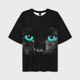 Мужская футболка oversize 3D с принтом Чёрный кот с бирюзовыми глазами в Новосибирске,  |  | Тематика изображения на принте: 