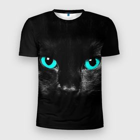 Мужская футболка 3D Slim с принтом Чёрный кот с бирюзовыми глазами в Новосибирске, 100% полиэстер с улучшенными характеристиками | приталенный силуэт, круглая горловина, широкие плечи, сужается к линии бедра | Тематика изображения на принте: 