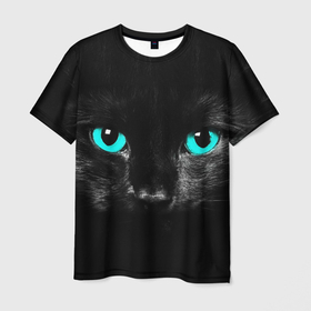 Мужская футболка 3D с принтом Чёрный кот с бирюзовыми глазами , 100% полиэфир | прямой крой, круглый вырез горловины, длина до линии бедер | Тематика изображения на принте: 