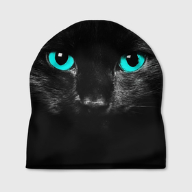 Шапка 3D с принтом Чёрный кот с бирюзовыми глазами , 100% полиэстер | универсальный размер, печать по всей поверхности изделия | Тематика изображения на принте: 