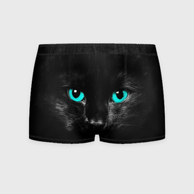 Мужские трусы 3D с принтом Чёрный кот с бирюзовыми глазами в Кировске, 50% хлопок, 50% полиэстер | классическая посадка, на поясе мягкая тканевая резинка | Тематика изображения на принте: 