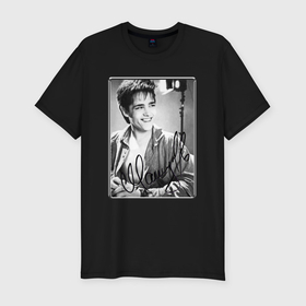 Мужская футболка хлопок Slim с принтом Юрий Шатунов   портрет с автографом в Курске, 92% хлопок, 8% лайкра | приталенный силуэт, круглый вырез ворота, длина до линии бедра, короткий рукав | 