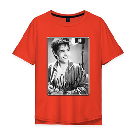 Мужская футболка хлопок Oversize с принтом Юрий Шатунов   портрет с автографом в Санкт-Петербурге, 100% хлопок | свободный крой, круглый ворот, “спинка” длиннее передней части | Тематика изображения на принте: 