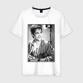 Мужская футболка хлопок с принтом Юрий Шатунов   портрет с автографом в Рязани, 100% хлопок | прямой крой, круглый вырез горловины, длина до линии бедер, слегка спущенное плечо. | 