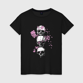 Женская футболка хлопок с принтом Skull and Flowers в Тюмени, 100% хлопок | прямой крой, круглый вырез горловины, длина до линии бедер, слегка спущенное плечо | 