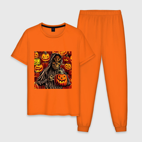 Мужская пижама хлопок с принтом Смерть череп  и тыква в Белгороде, 100% хлопок | брюки и футболка прямого кроя, без карманов, на брюках мягкая резинка на поясе и по низу штанин
 | 