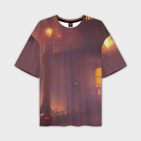 Мужская футболка OVERSIZE 3D с принтом Викторианский дом и старые фонари с тыквами в пурпурной дымке в Екатеринбурге,  |  | 