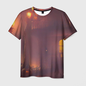 Мужская футболка 3D с принтом Викторианский дом и старые фонари с тыквами в пурпурной дымке в Курске, 100% полиэфир | прямой крой, круглый вырез горловины, длина до линии бедер | 