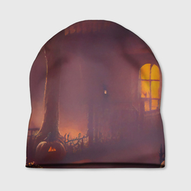 Шапка 3D с принтом Викторианский дом и старые фонари с тыквами в пурпурной дымке , 100% полиэстер | универсальный размер, печать по всей поверхности изделия | 