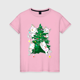 Женская футболка хлопок с принтом Новогодние котятки , 100% хлопок | прямой крой, круглый вырез горловины, длина до линии бедер, слегка спущенное плечо | 