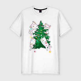 Мужская футболка хлопок Slim с принтом Новогодние котятки в Курске, 92% хлопок, 8% лайкра | приталенный силуэт, круглый вырез ворота, длина до линии бедра, короткий рукав | 