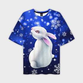 Мужская футболка OVERSIZE 3D с принтом Белый кролик в снежинках в Белгороде,  |  | 