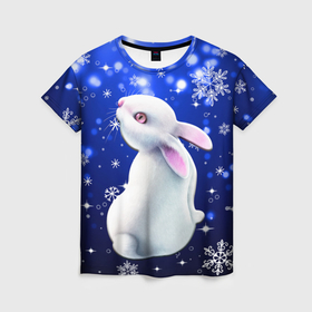 Женская футболка 3D с принтом Белый кролик в снежинках , 100% полиэфир ( синтетическое хлопкоподобное полотно) | прямой крой, круглый вырез горловины, длина до линии бедер | 