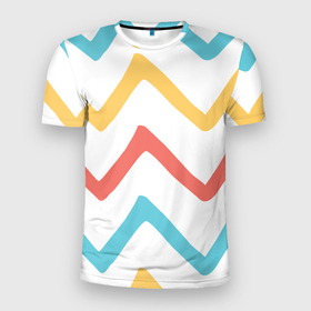 Мужская футболка 3D Slim с принтом Волнообразные жёлтые, красные и синие линии в Кировске, 100% полиэстер с улучшенными характеристиками | приталенный силуэт, круглая горловина, широкие плечи, сужается к линии бедра | 