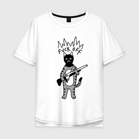 Мужская футболка хлопок Oversize с принтом Кот бандит с ружьём , 100% хлопок | свободный крой, круглый ворот, “спинка” длиннее передней части | 