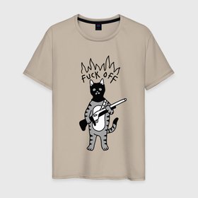 Мужская футболка хлопок с принтом Кот бандит с ружьём в Кировске, 100% хлопок | прямой крой, круглый вырез горловины, длина до линии бедер, слегка спущенное плечо. | 