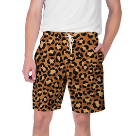 Мужские шорты 3D с принтом Леопардовый цвет ,  полиэстер 100% | прямой крой, два кармана без застежек по бокам. Мягкая трикотажная резинка на поясе, внутри которой широкие завязки. Длина чуть выше колен | 