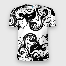 Мужская футболка 3D Slim с принтом Черные волнистые узоры на белом в Екатеринбурге, 100% полиэстер с улучшенными характеристиками | приталенный силуэт, круглая горловина, широкие плечи, сужается к линии бедра | 