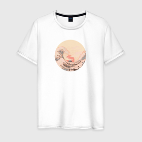 Мужская футболка хлопок с принтом Огромная волна в океане на рассвете в Санкт-Петербурге, 100% хлопок | прямой крой, круглый вырез горловины, длина до линии бедер, слегка спущенное плечо. | 