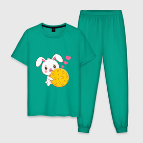 Мужская пижама хлопок с принтом Кролик с вкусняшкой в Курске, 100% хлопок | брюки и футболка прямого кроя, без карманов, на брюках мягкая резинка на поясе и по низу штанин
 | Тематика изображения на принте: 