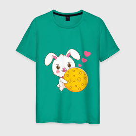 Мужская футболка хлопок с принтом Кролик с вкусняшкой в Курске, 100% хлопок | прямой крой, круглый вырез горловины, длина до линии бедер, слегка спущенное плечо. | 