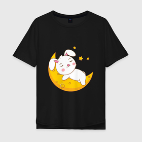 Мужская футболка хлопок Oversize с принтом Зайка на луне в Курске, 100% хлопок | свободный крой, круглый ворот, “спинка” длиннее передней части | Тематика изображения на принте: 