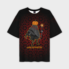 Мужская футболка OVERSIZE 3D с принтом Тыква вампир приглашает на хэллоуин в Новосибирске,  |  | Тематика изображения на принте: 