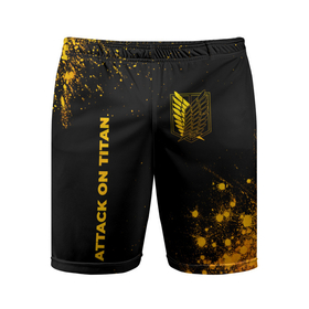 Мужские шорты спортивные с принтом Attack on Titan   gold gradient: надпись, символ в Новосибирске,  |  | Тематика изображения на принте: 