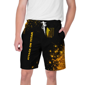 Мужские шорты 3D с принтом Attack on Titan   gold gradient: надпись, символ в Курске,  полиэстер 100% | прямой крой, два кармана без застежек по бокам. Мягкая трикотажная резинка на поясе, внутри которой широкие завязки. Длина чуть выше колен | 