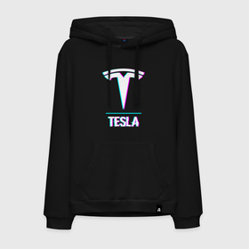 Мужская толстовка хлопок с принтом Значок Tesla в стиле glitch в Рязани, френч-терри, мягкий теплый начес внутри (100% хлопок) | карман-кенгуру, эластичные манжеты и нижняя кромка, капюшон с подкладом и шнурком | Тематика изображения на принте: 