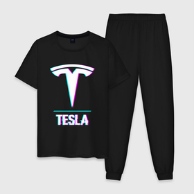 Мужская пижама хлопок с принтом Значок Tesla в стиле glitch в Петрозаводске, 100% хлопок | брюки и футболка прямого кроя, без карманов, на брюках мягкая резинка на поясе и по низу штанин
 | Тематика изображения на принте: 