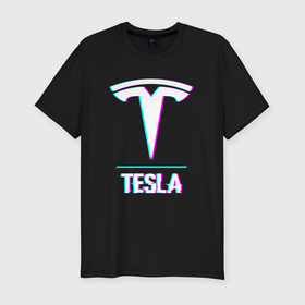 Мужская футболка хлопок Slim с принтом Значок Tesla в стиле glitch в Рязани, 92% хлопок, 8% лайкра | приталенный силуэт, круглый вырез ворота, длина до линии бедра, короткий рукав | 