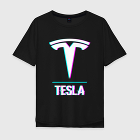 Мужская футболка хлопок Oversize с принтом Значок Tesla в стиле glitch в Рязани, 100% хлопок | свободный крой, круглый ворот, “спинка” длиннее передней части | 