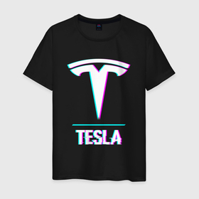 Мужская футболка хлопок с принтом Значок Tesla в стиле glitch в Рязани, 100% хлопок | прямой крой, круглый вырез горловины, длина до линии бедер, слегка спущенное плечо. | 